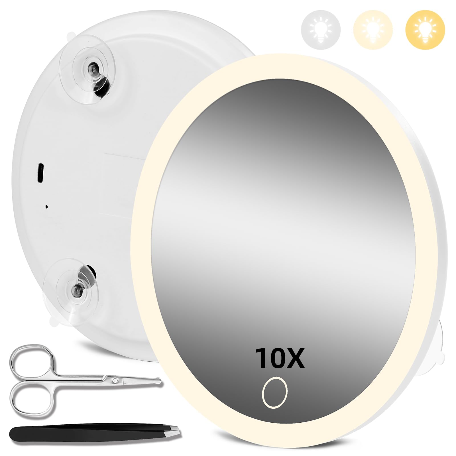 Magnifying Mirror With Light 10X, Makeup Magnifying Mirror With Suction Cups, 6'' Magnifying Mirror With 3 Color Lights Dimming