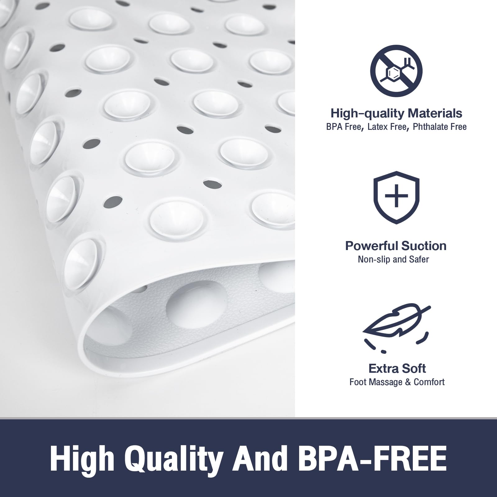 Naoloture Extra Long White Bathtub Mat Non Slip, Soft Bath Mat For Tub 40 X 16 Inch Full Size, Bath Tub Shower Mats For Bathroom