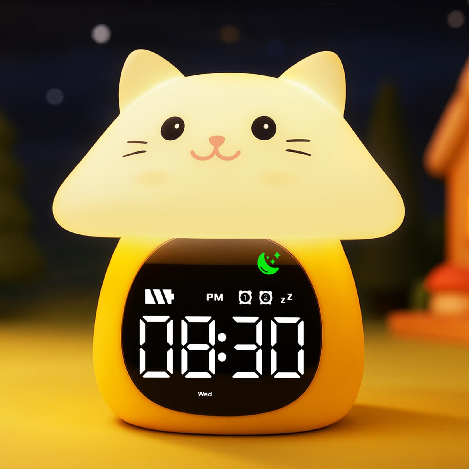 MASHI Mushroom Cat Alarm Clock, Toddler Sleep Training Clock with Sun & Moon, Sleep Sound Machine, Night Lights, Alarm Clock for