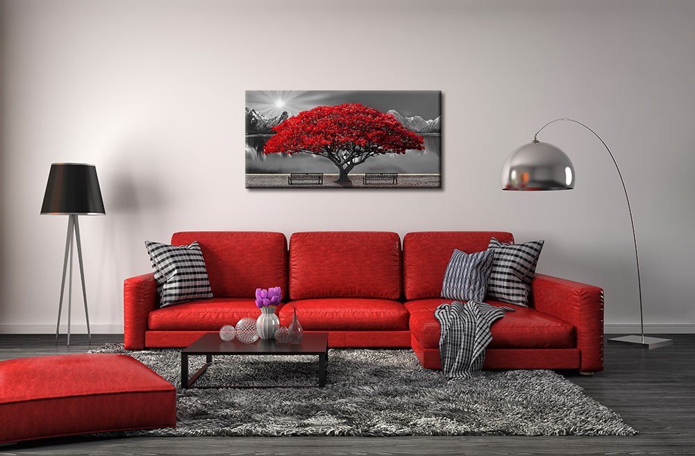 Black And White Red Tree Wall Art Canvas Print Picture Large Red Tree Landscape Modern Artwork For Living Room Bedroom Office Ho