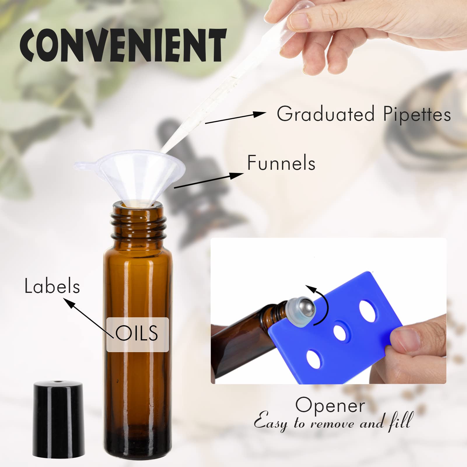 6 Pack Essential Oil Roller Bottles, 10Ml Roller Balls For Essential Oils, Amber Glass Roller Bottles, Roll On Bottles With Stai