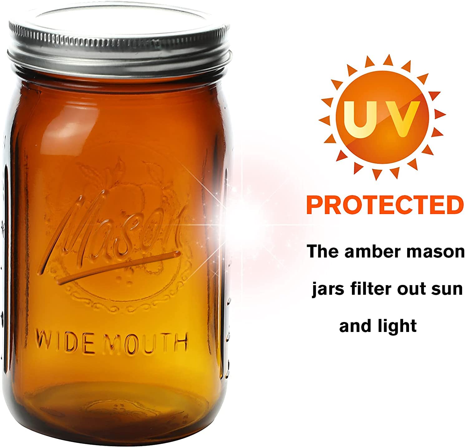 Polytun Amber Glass Mason Jars 32 Oz Wide Mouth With Airtight Lids And Bands 6 Pack, Amber Clear Glass Canning Mason Jars, Quart