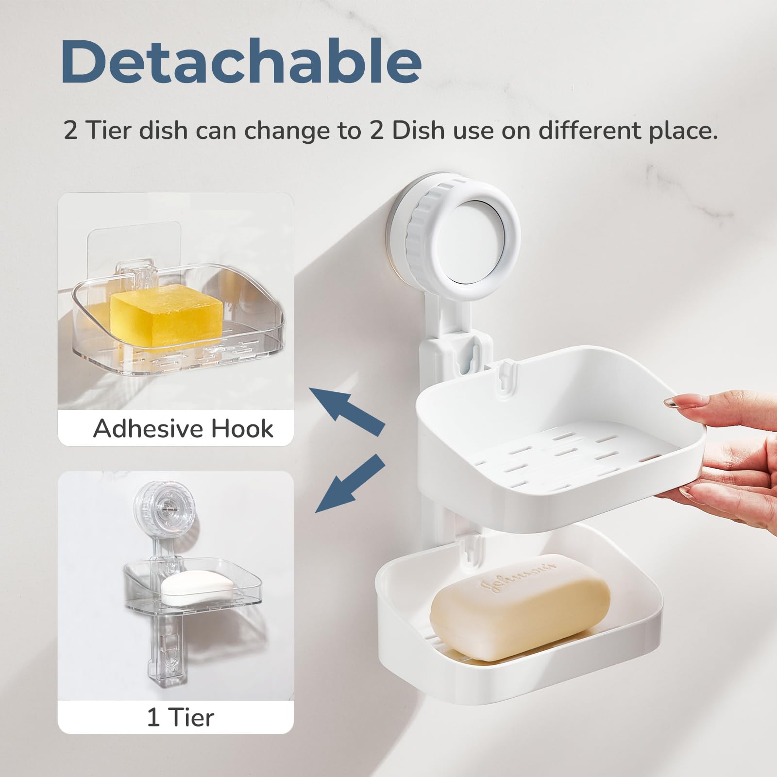 Deeif Soap Dish For Shower, Suction Cup Bathroom Double Soap Dish Holder For Shower Wall, Self Draining Shower Bar Soap Holder (