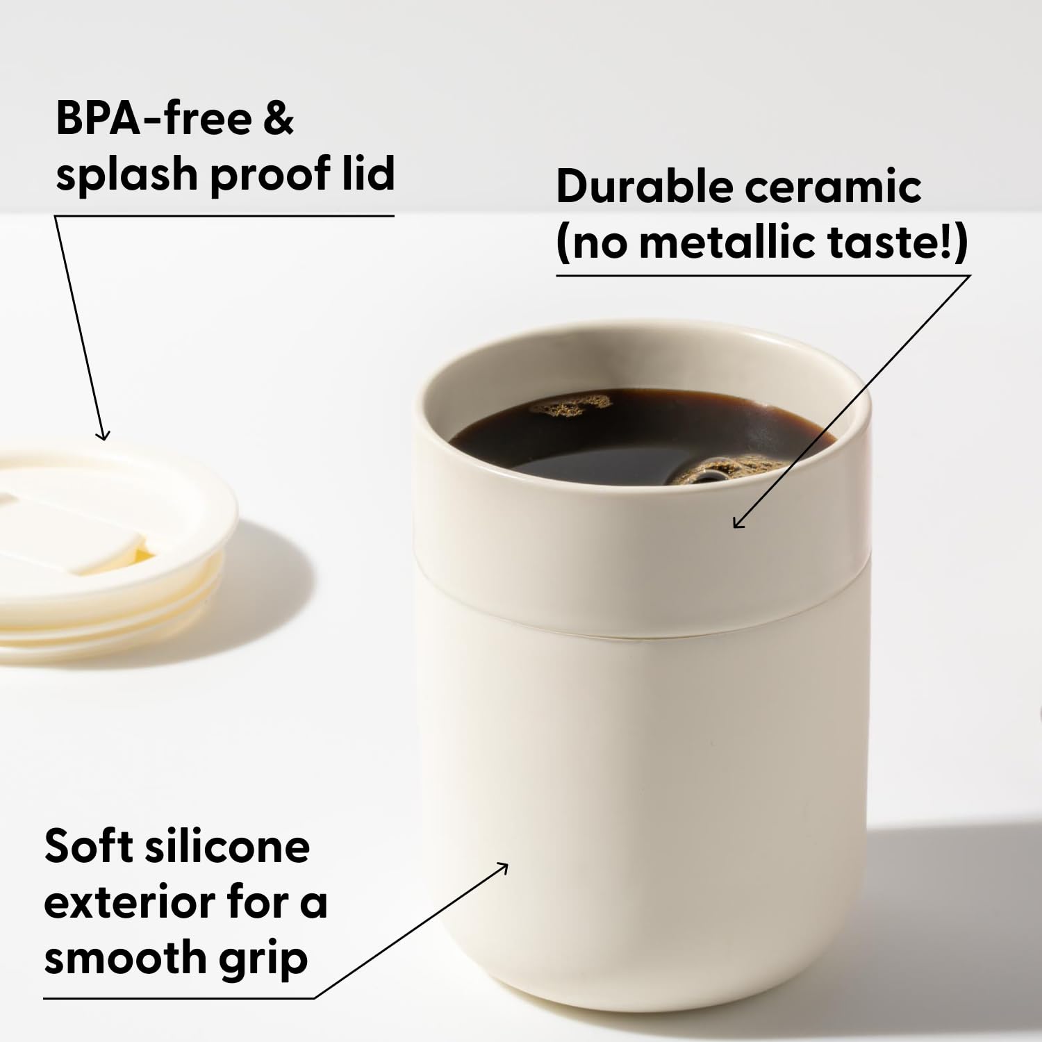 W&P Porter Ceramic Mug W/ Protective Silicone Sleeve, Cream 12 Ounces | On-The-Go | No Seal Tight | Reusable Cup For Coffee Or T