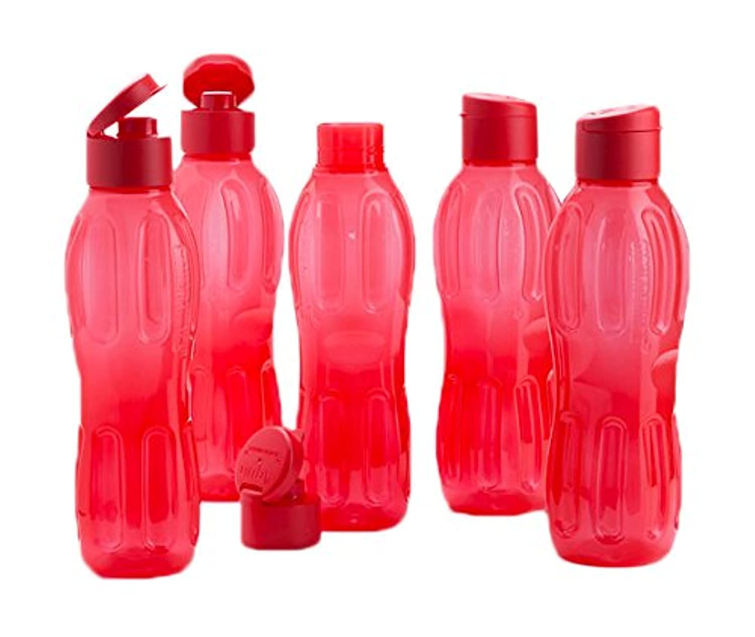 Signoraware Fliptop Aqua Plastic Bottle Set, Set Of 5, 1 Litre, Red