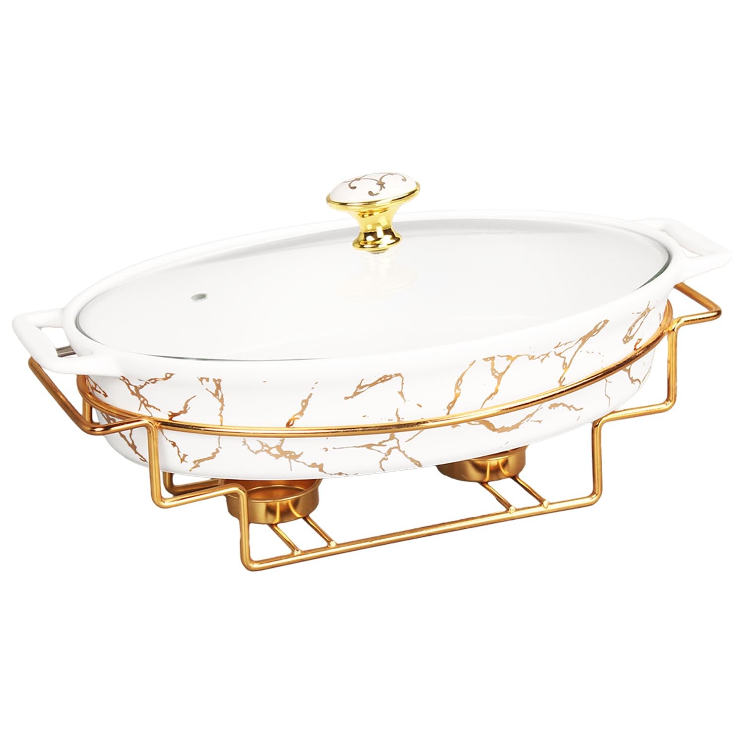 Creativity Home 12 x 8 Ceramic Casserole Baking Dish With Glass Cover and with Golden Rack, Lasagna Pan Deep for Oven, 1.7 Qua