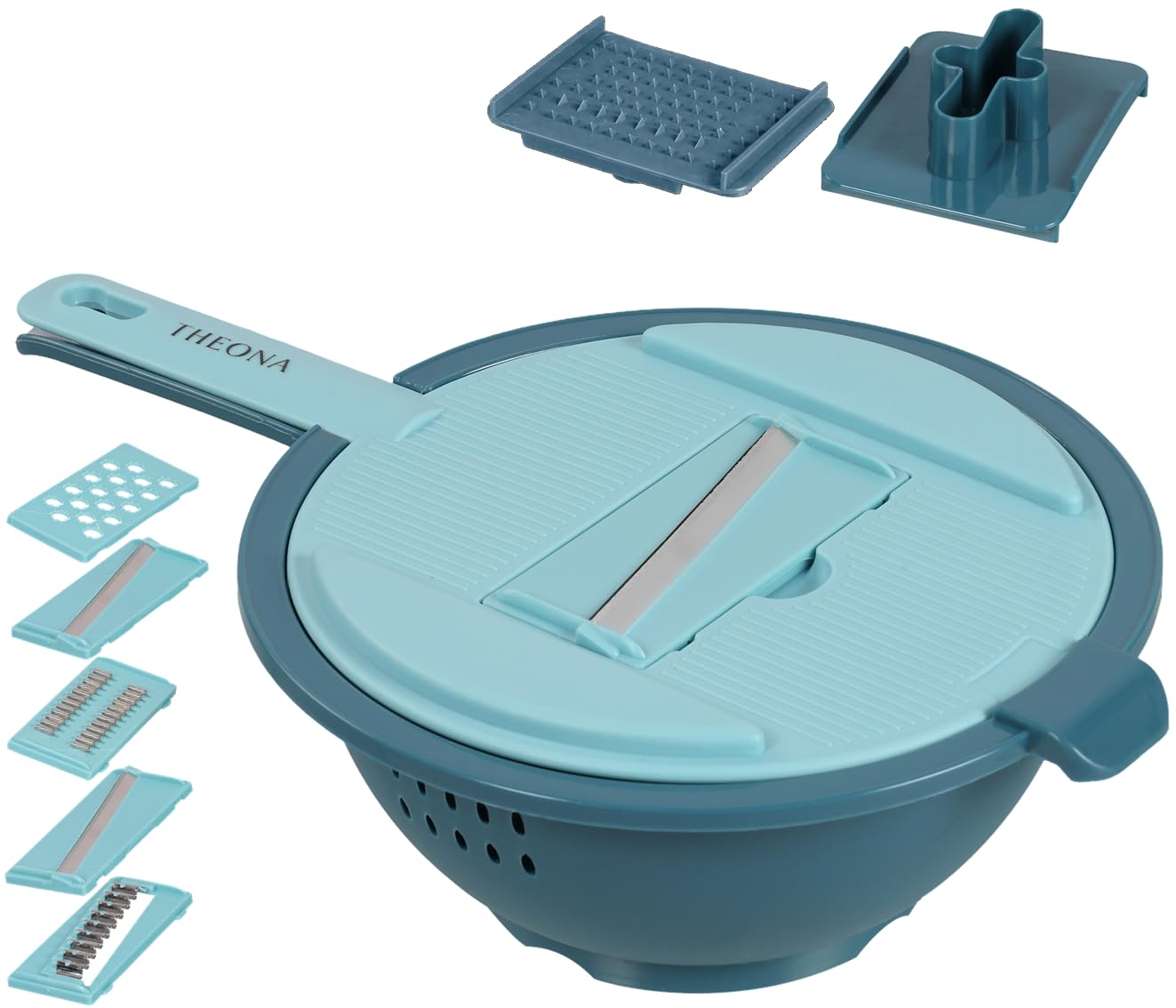 Theona 7In1 Vegetable Slicer & Grater With Safety Holder And Container I Potato Slicer, Cheese Grater For Kitchen (Blue)