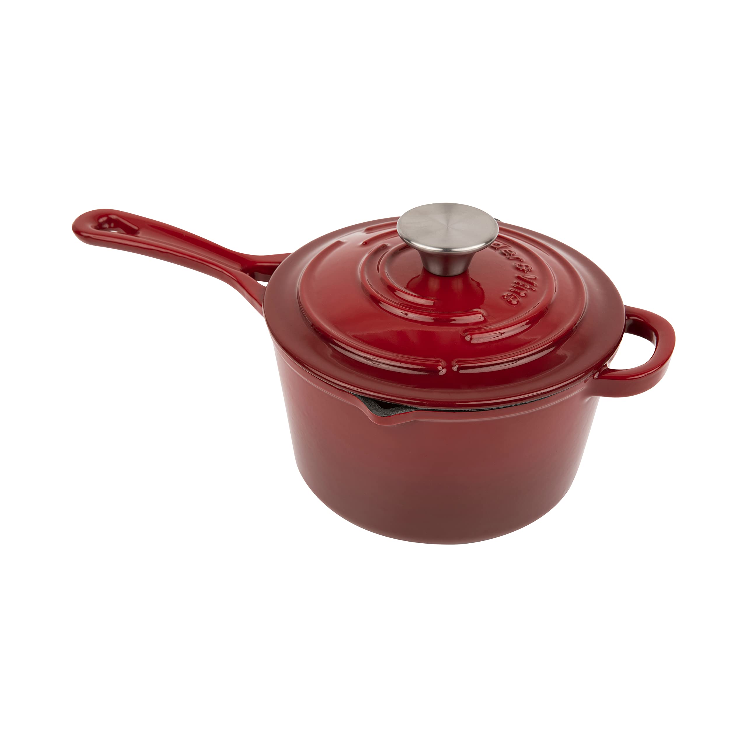 Larder & Vine 2.2 Quart Enameled Cast Iron Saucepan With Lid, Cast Iron Pan With Pour Spouts, Ergonomic Handle, Helper Handle, S