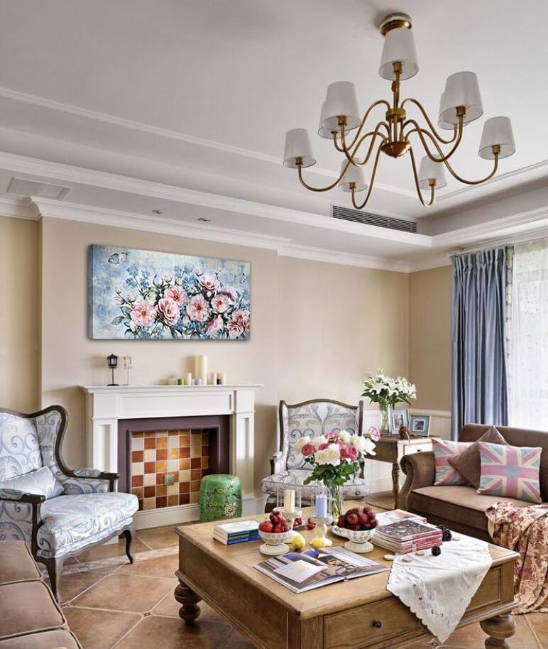 Acocifi Flowers Canvas Wall Art Abstract Peony Landscape Painting, Pink Florals And Butterfly Picture Print Textured Artwork Fra