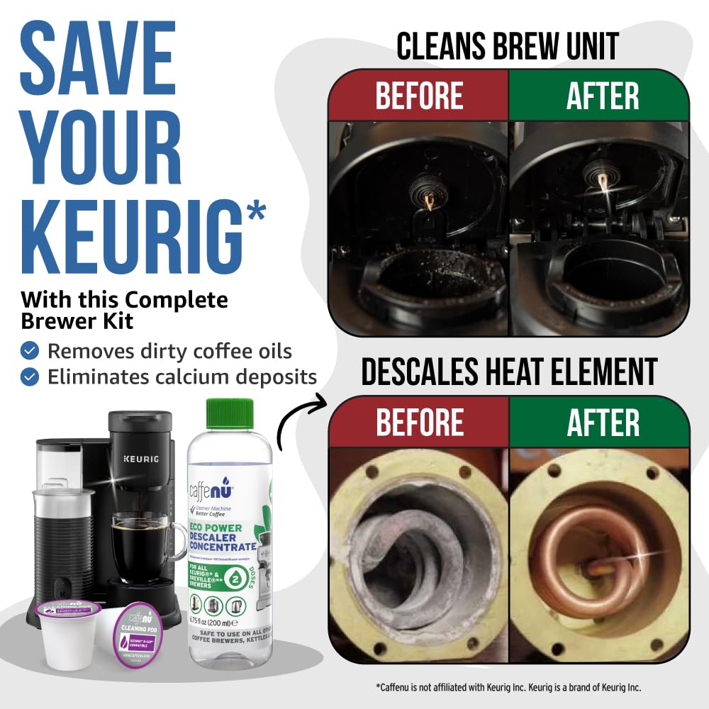Caffenu Keurig Descaling Solution & Cleaner Pods - 3.5 oz, 4 Uses, Removes Limescale for Better Tasting Coffee