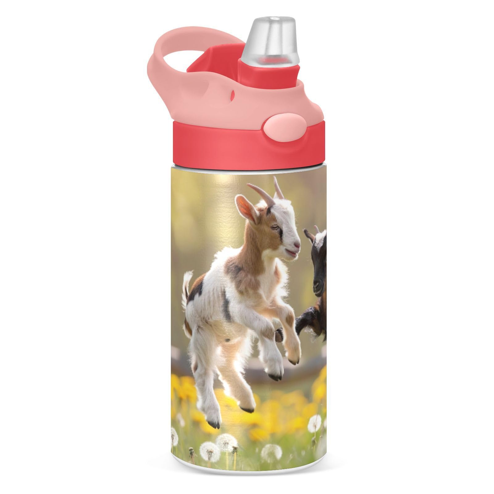 GOODOLD Playful Goats Pattern Kids Water Bottle, Insulated Stainless Steel Water Bottles with Straw Lid, 12 oz BPAFree Leakproo