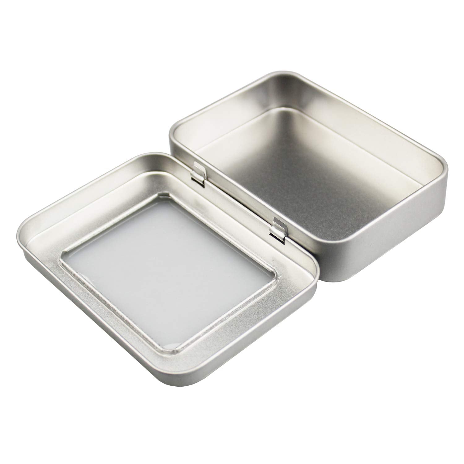 12 Pack Empty Rectangular Metal Storage Organizer Tins With Clear Window Hinged Lids For Candies, Gifts & Treasures (Silver)