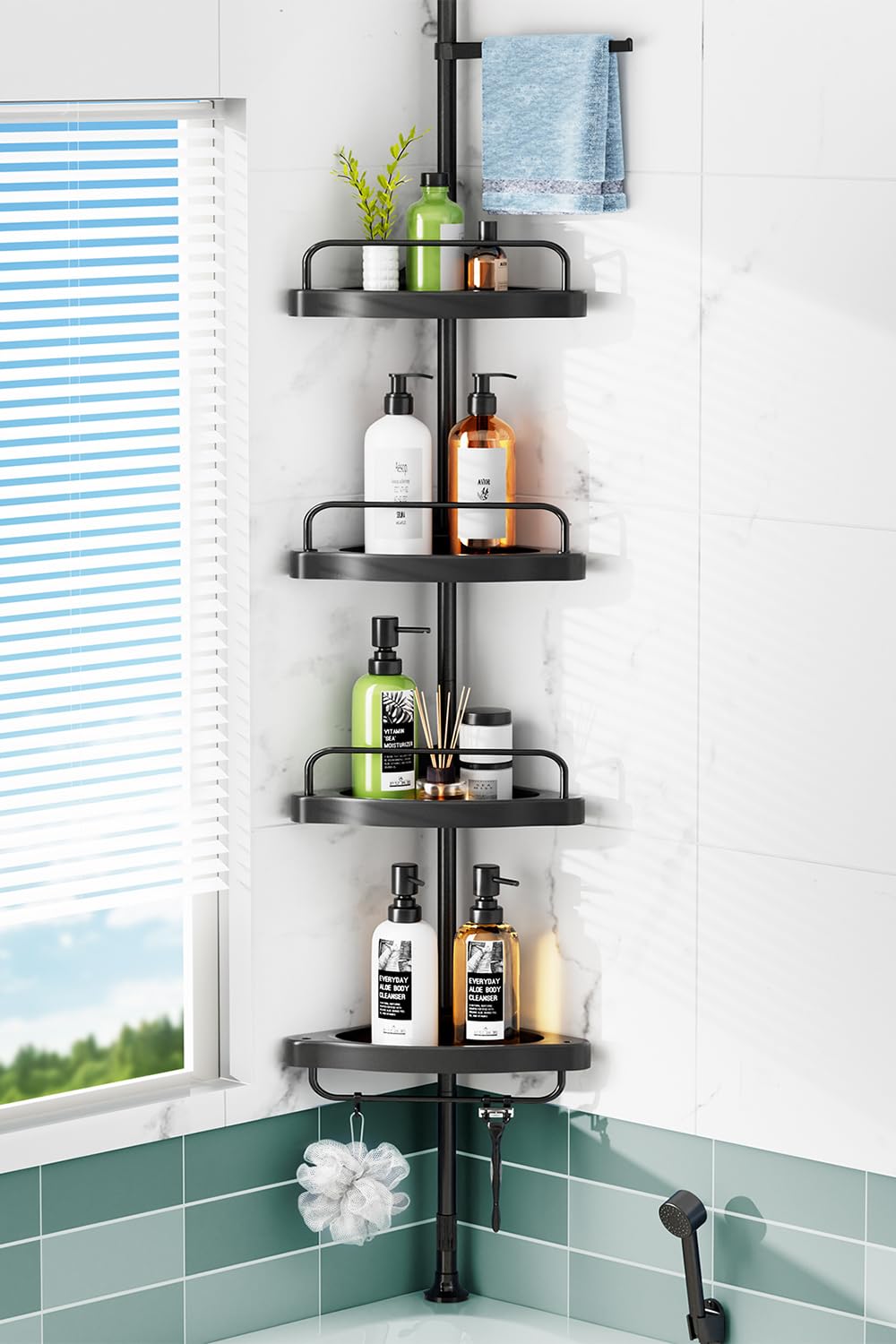 Hamitor Corner Shower Caddy Tension Pole: 4 Tier Shampoo Storage Organizer For Inside Shower - Telescoping Rod Shower Rack For B