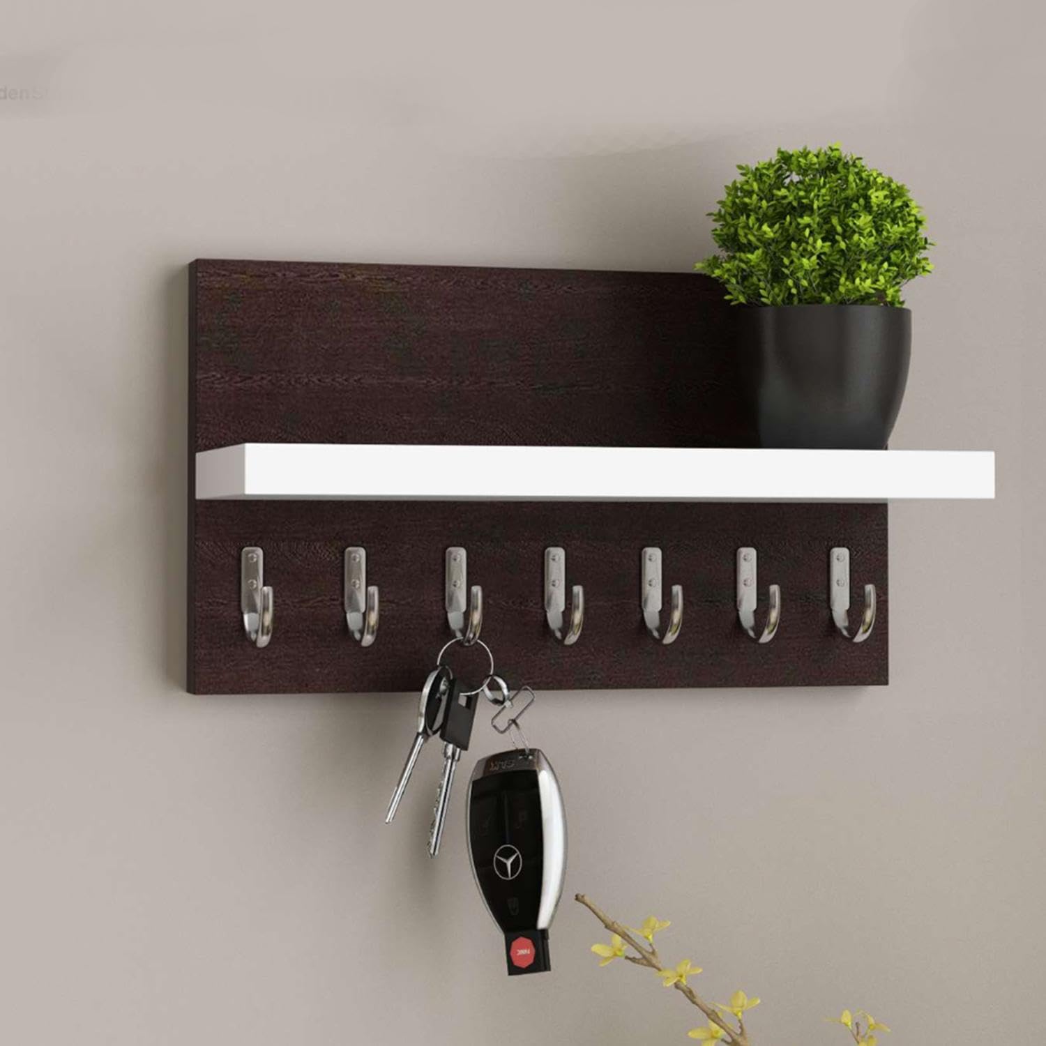 Handwoody Wooden Key Stand for Wall | Key Holder for Home | Key Hanger in White & Walnut Color