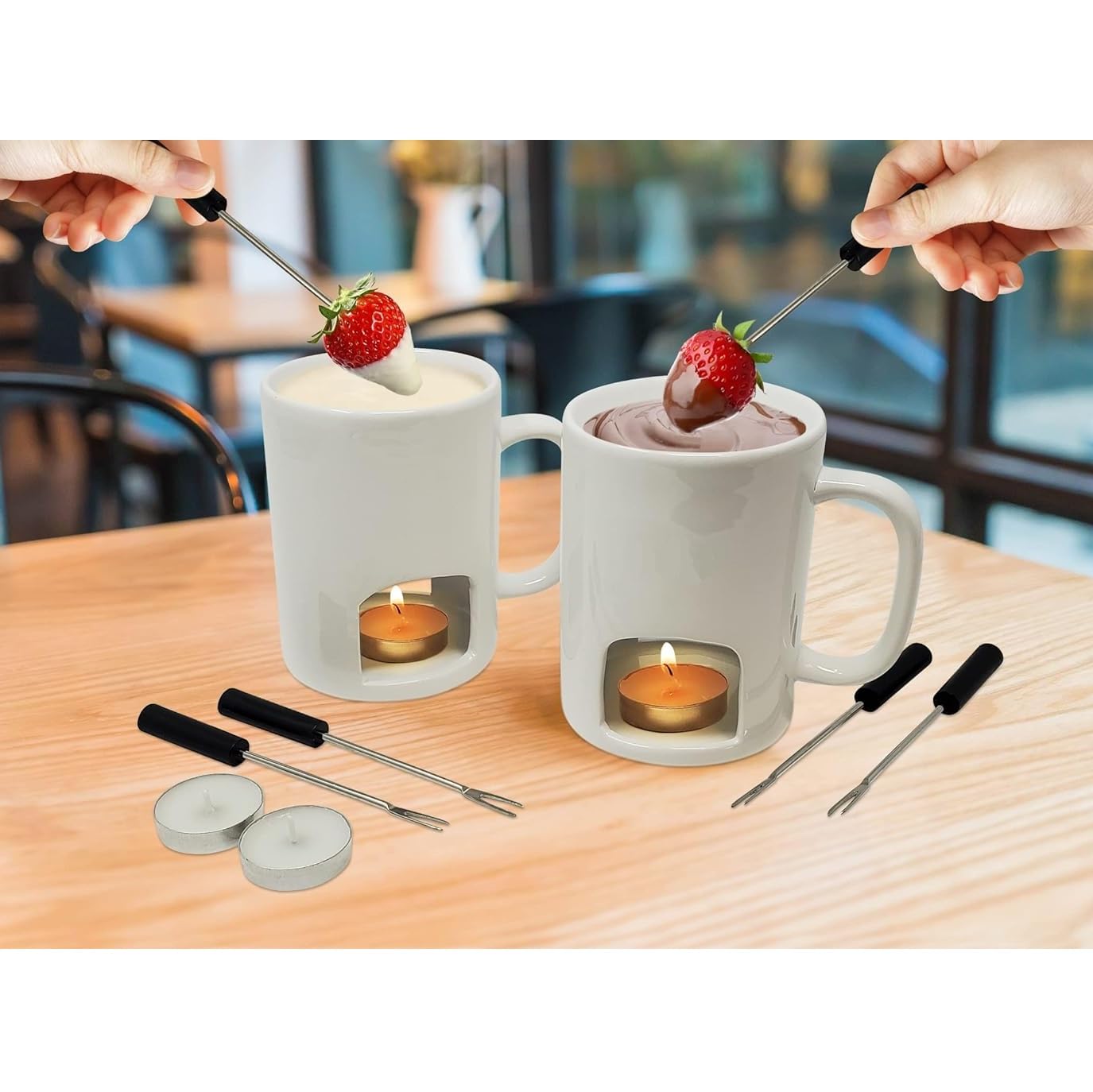 Kovot Ceramic Fondue Mugs Set of 2 - White with Forks & Tealights, Model KO-599