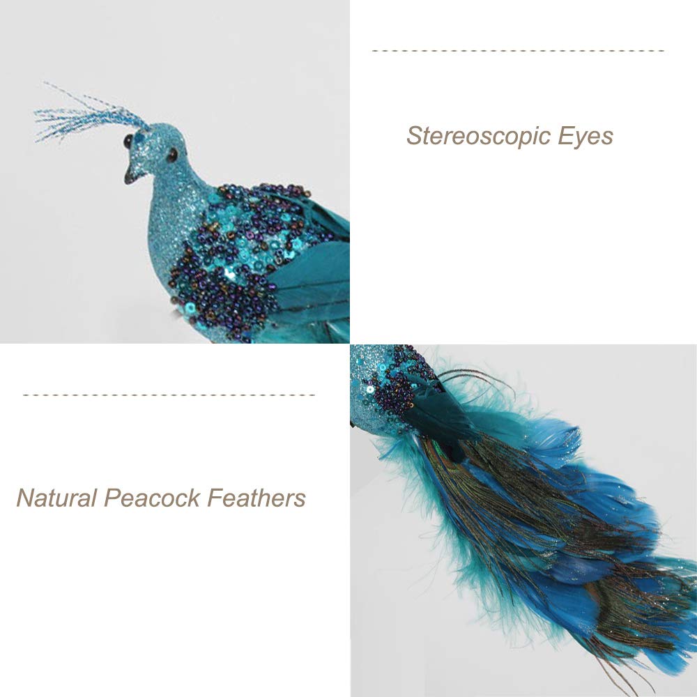 12 Peacock Christmas Ornaments Glitter Right Facing Teal Blue Peacock Bird with Feather Tail Clip-On Christmas Tree Ornament, 12