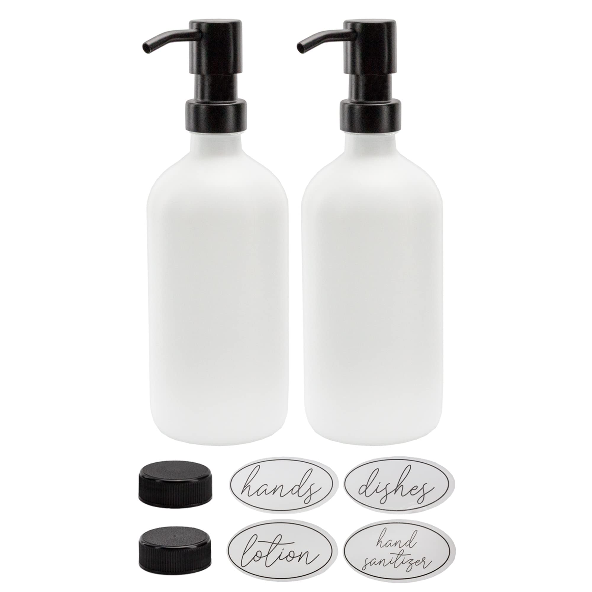 Darware 16Oz Glass Pump Bottles (Set Of 2, White W/Black); Soap Dispenser Pump Bottles With Brushed Metal Pump Tops