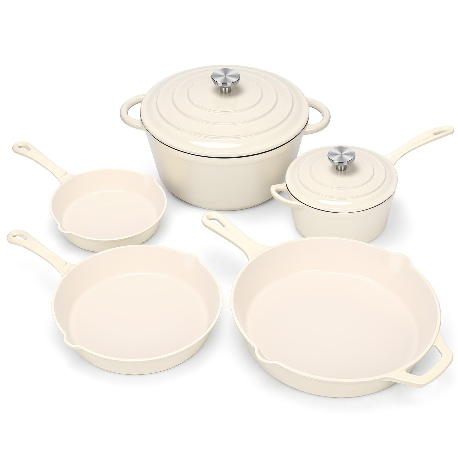 5Piece Enameled Cast Iron Cookware Set with Lids, Dutch Oven & Skillets