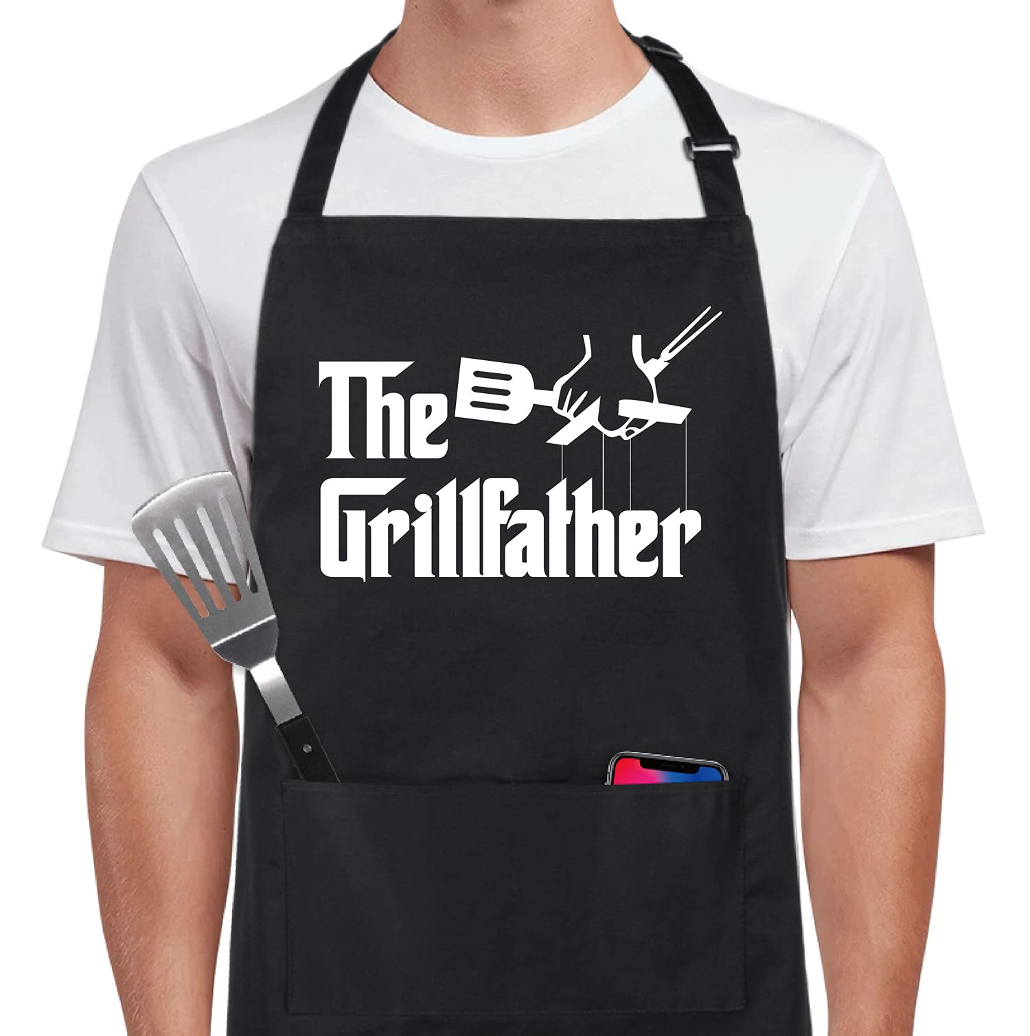 Xornis 100% Cotton Funny Aprons The Grillfather With 2 Pockets Bbq Grilling Adjustable Bib Aprons Gifts For Men Dad Friends Fath