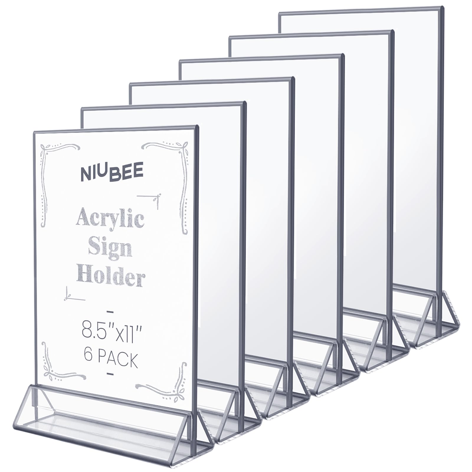 Niubee 6Pack 8.5X11 Clear Acrylic Sign Holder With Sliver Borders And Vertical Stand, Double Sided Table Menu Holders Picture Fr