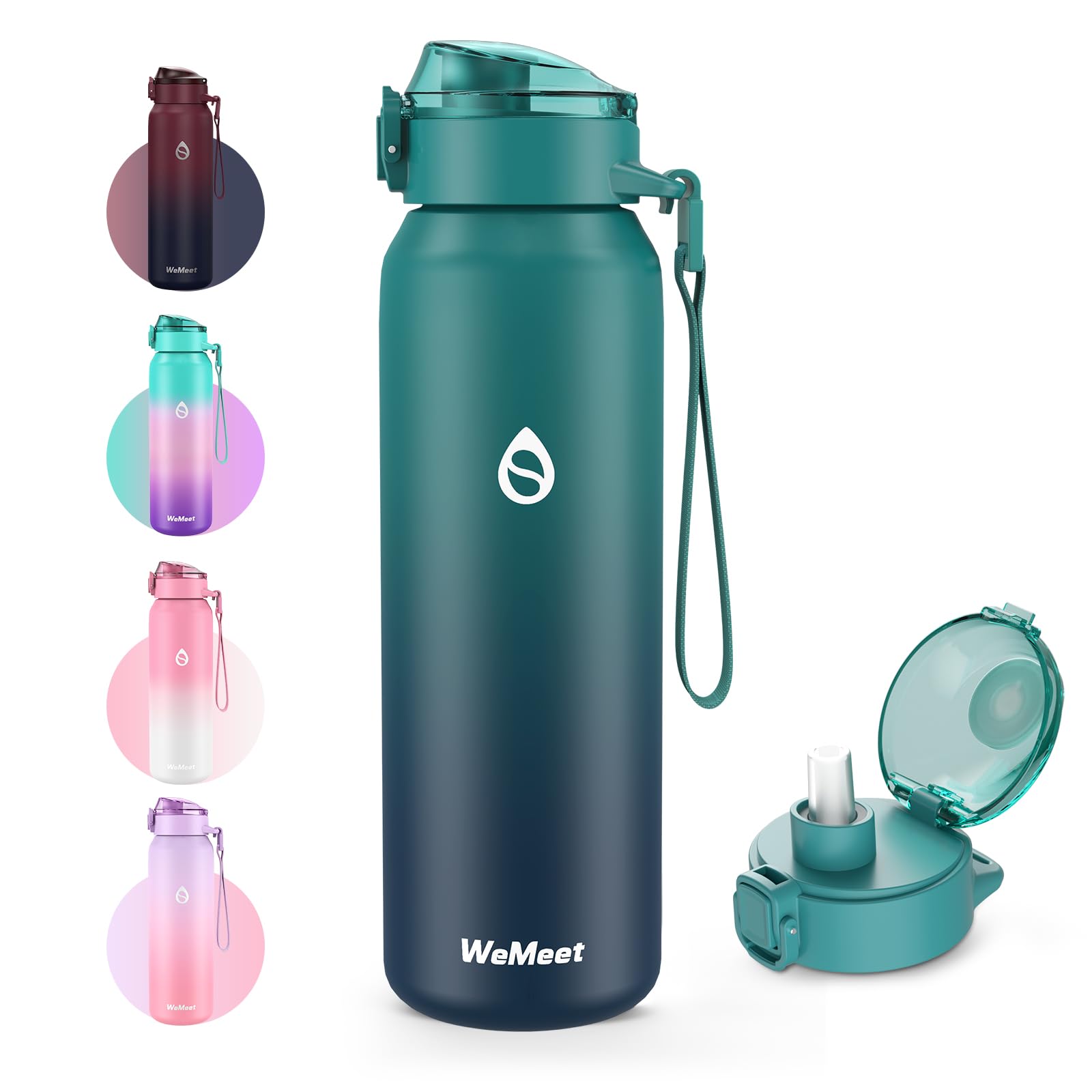WEMEET 32oz Water Bottle with Removable Straw and Spout Lid Two Ways to Drink, 18/10 Stainless Steel Insulated Water Bottle, BPA