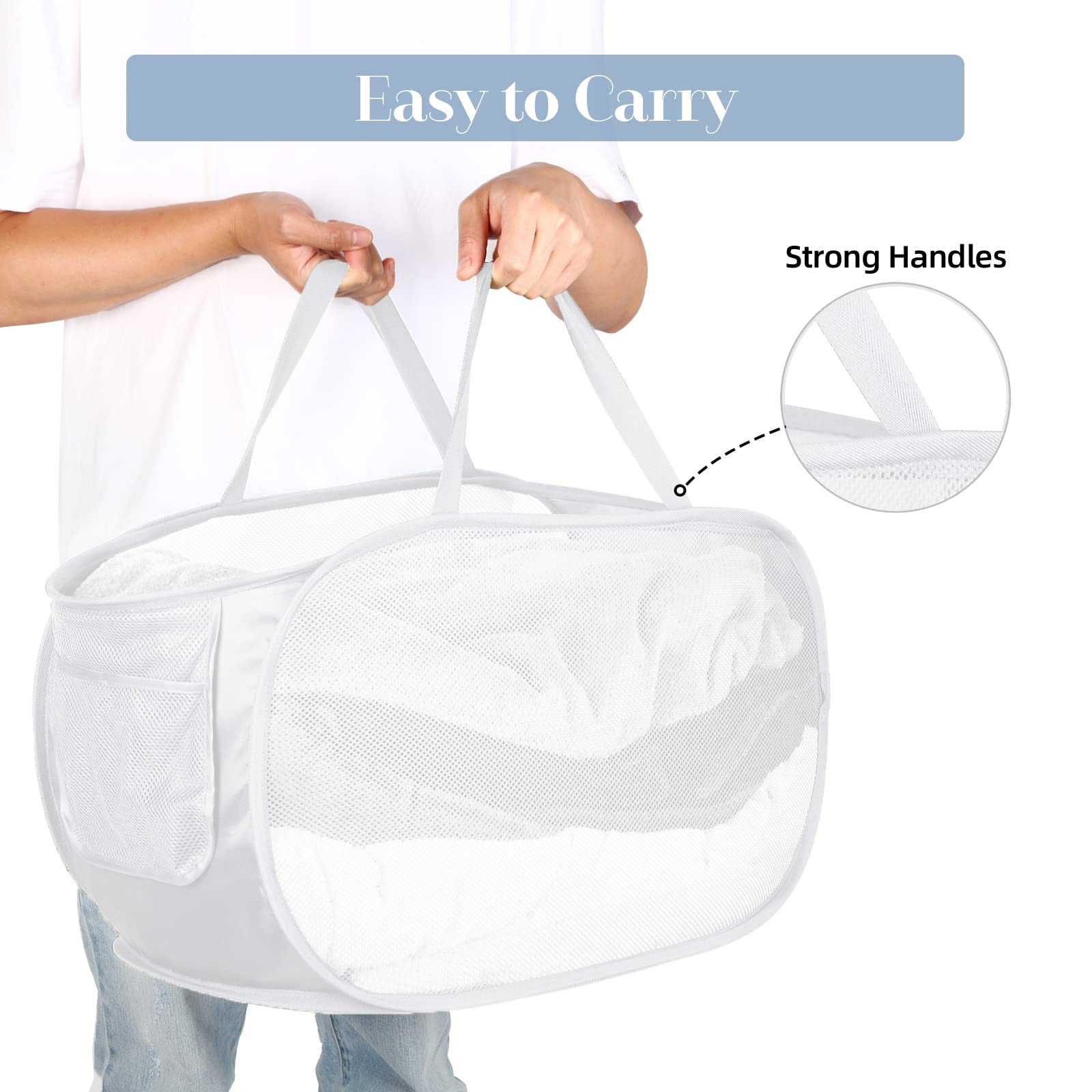 4 Pack Collapsible Laundry Baskets, Foldable Laundry Basket With Pocket, Durable Mesh Pop Up Hampers, Reinforced Handles Dirty C