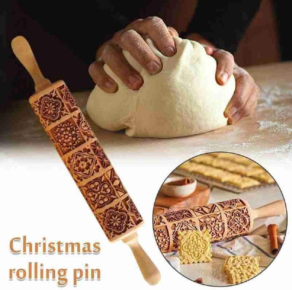 Rhiney Wooden Rolling Pin for Baking - 15"x2" Deep Engraved Embossing Tool for Cookies, Kitchen Decor, Model RL01