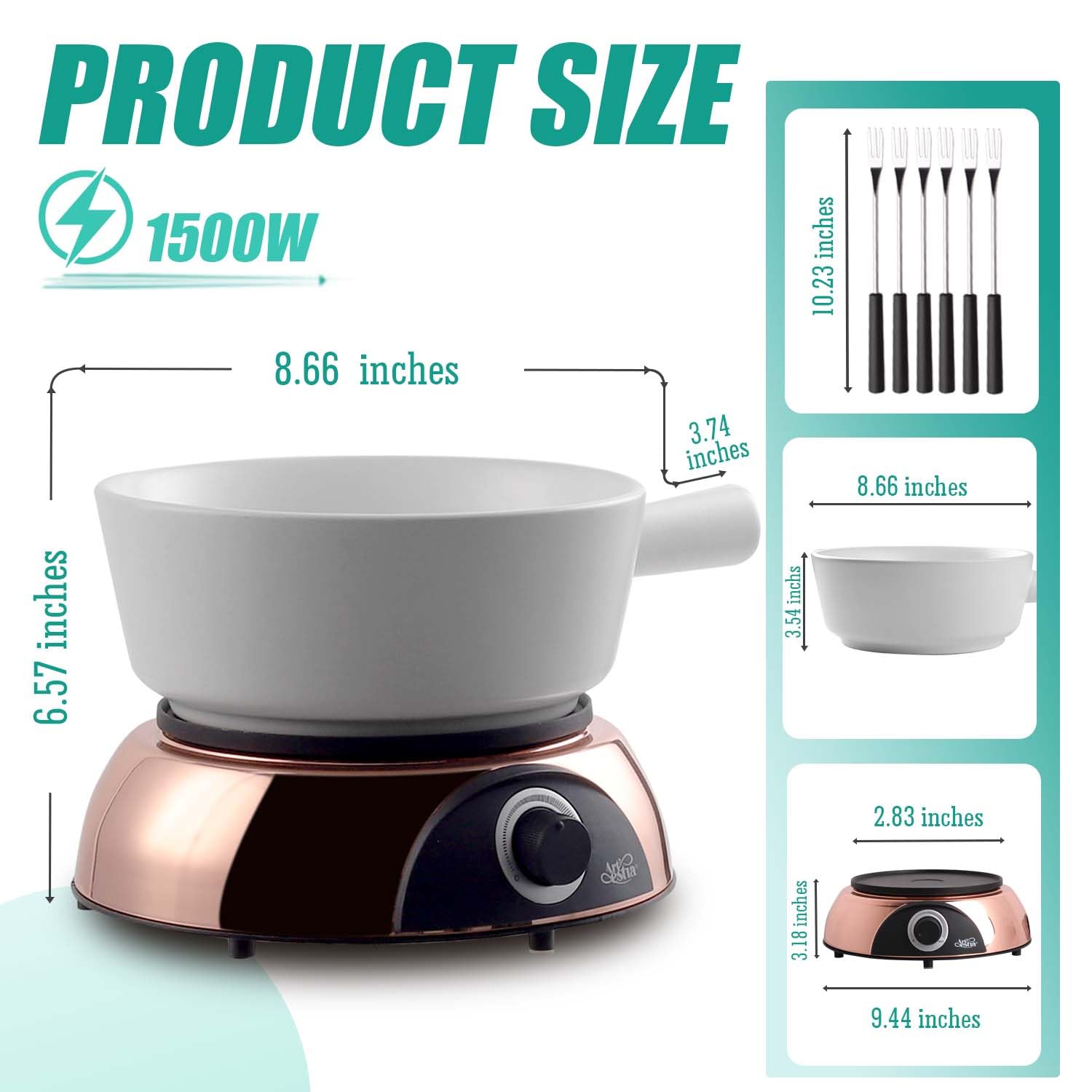 Artestia 2-QT Electric Fondue Pot for Meat  1500W Ceramic Chocolate Melting Pot with Adjustable Temperature  6 Fondue Forks  White Ceramic Pot with Rose-Gold Base