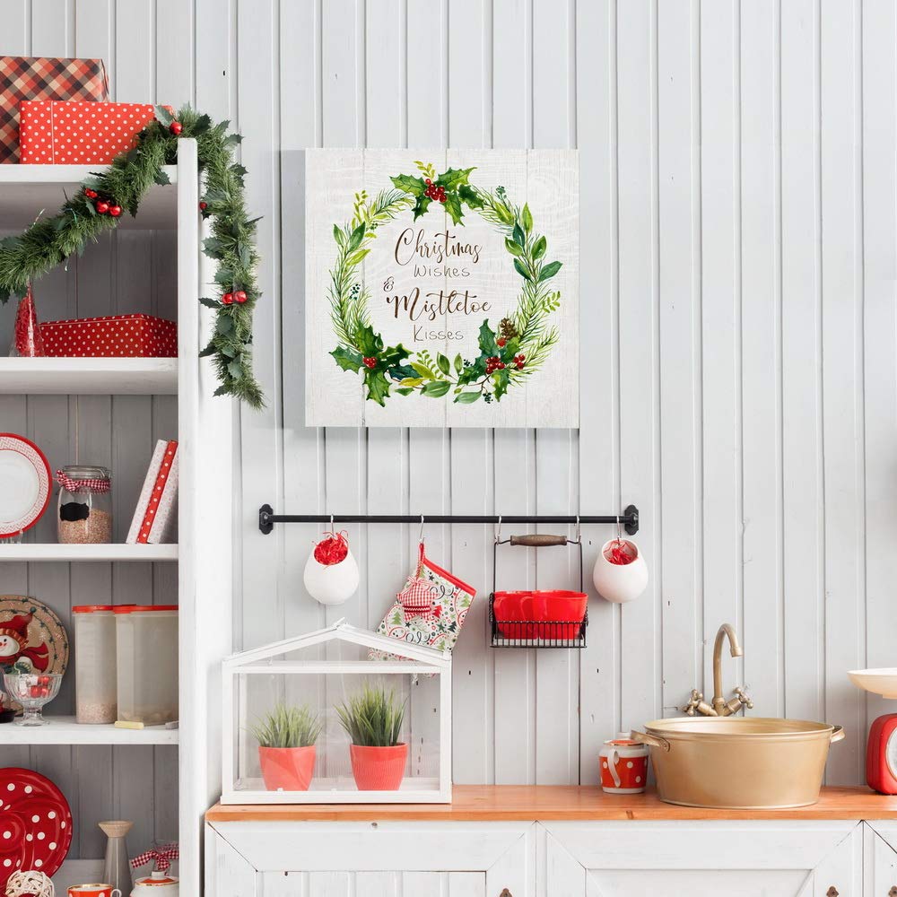 Renditions Gallery Christmas Wishes Wreath Wall Art  Cute Winter Artwork  Holly Leaves & Berries  Red & Green  Premium Gallery Wrapped Canvas Decor  Ready to Hang  24 in H x 24 in W  Made in America