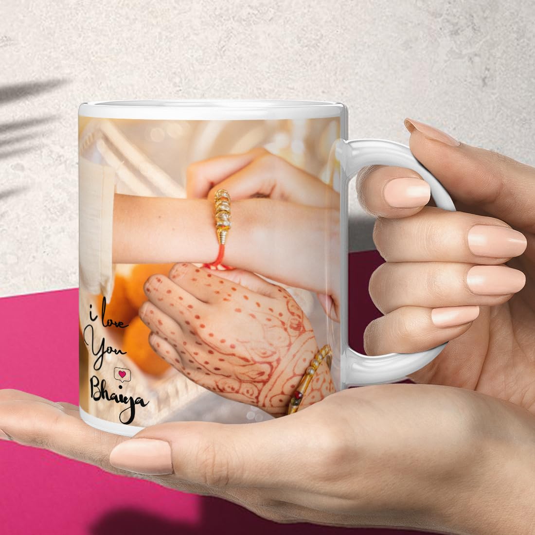 KivStar Happy rakshabandhan Quotes Printed Ceramic Mug with Rakhi Roli Keychain Greeting Card Combo Rakhi for Brother Pack of 5