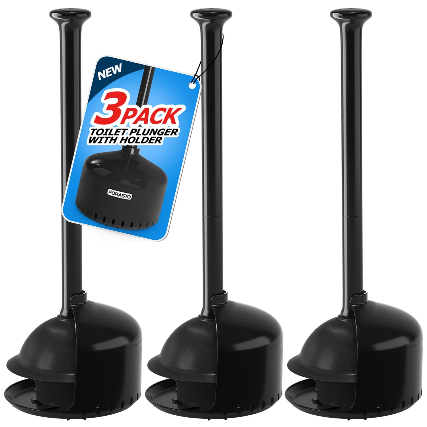 FORASTO 3Pack Toilet Plunger with Holder, Plungers for Bathroom with Holder, Toilet Plunger with Cover, Bathroom Plunger, Bathro