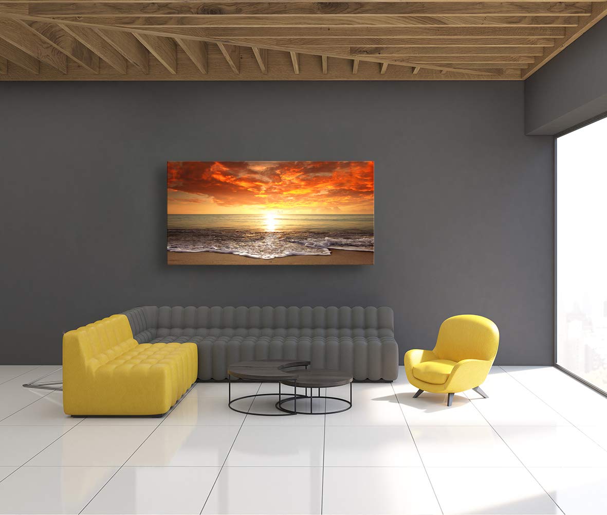 S0162 Canvas Prints Wall Art Sunset Ocean Beach Pictures Photo Paintings for Living Room Bedroom Home Decorations Stretched and Framed Seascape Waves Landscape Giclee Artwork 30x60inch