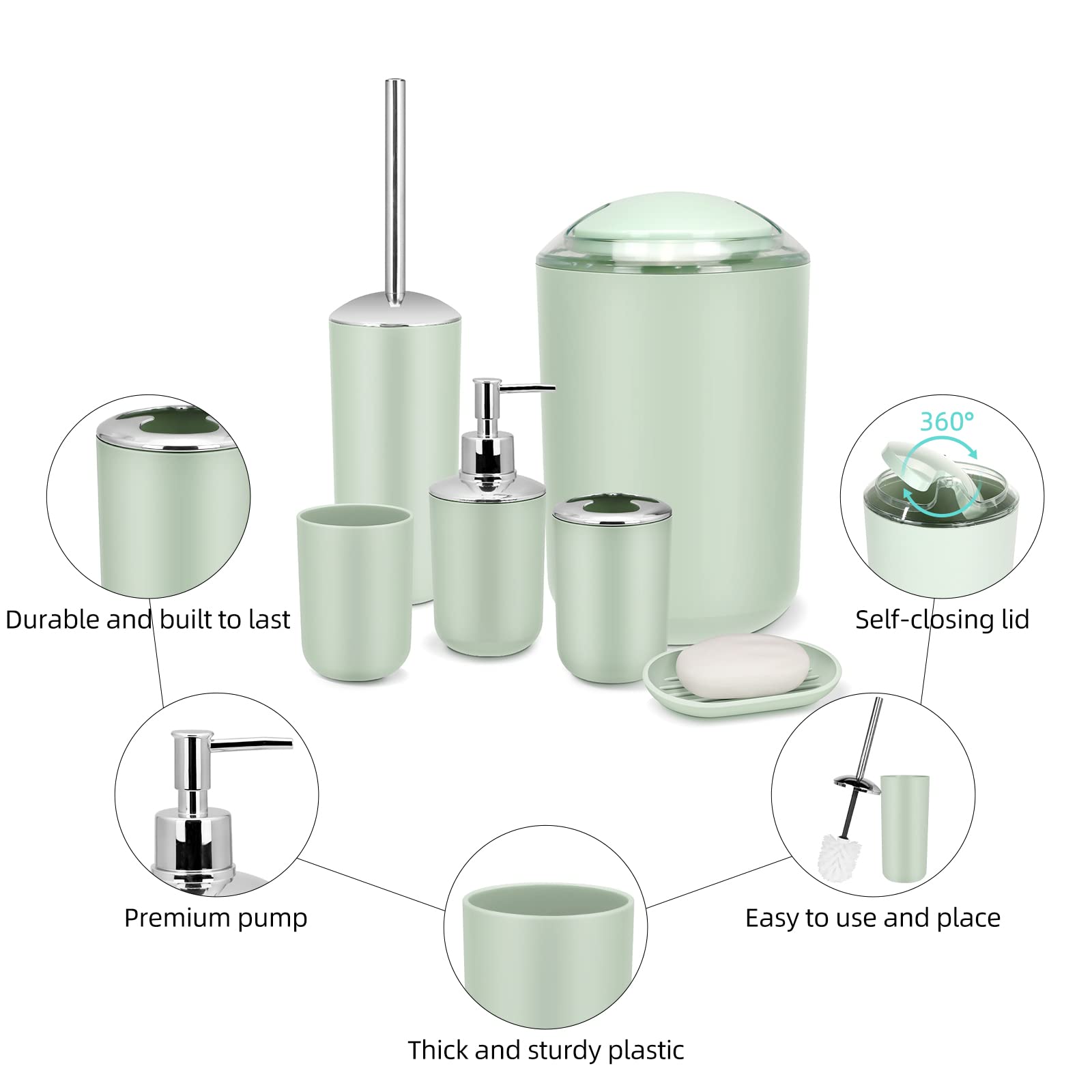 Imavo Bathroom Accessory Set - 6 Piece Green Bathroom Accessories Set With Trash Can, Soap Dispenser, Soap Dish, Toothbrush Hold