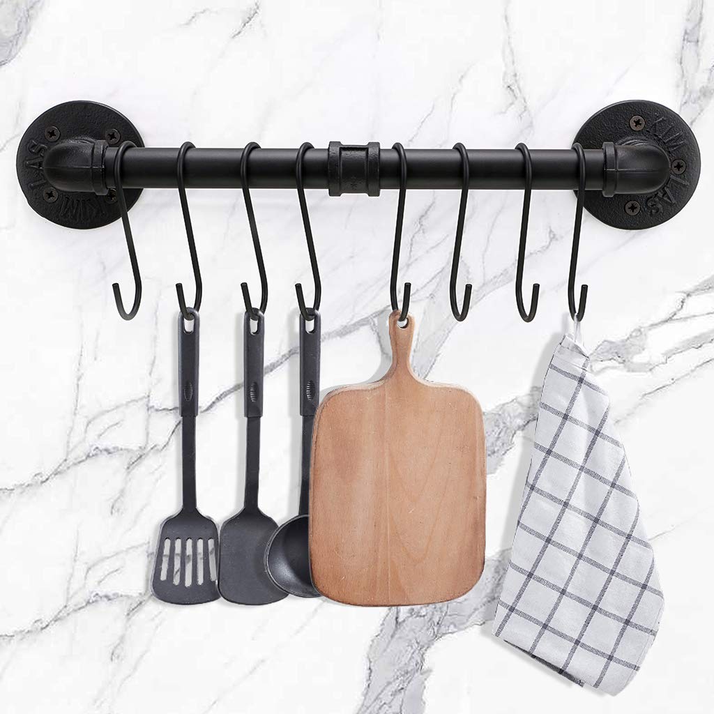 Sumnacon 16 Inch Industrial Pipe Pan Pot Rack With 8-Hooks, Wall Mounted Metal Rail Kitchen Utensil Pot Pan Lid Storage Organize