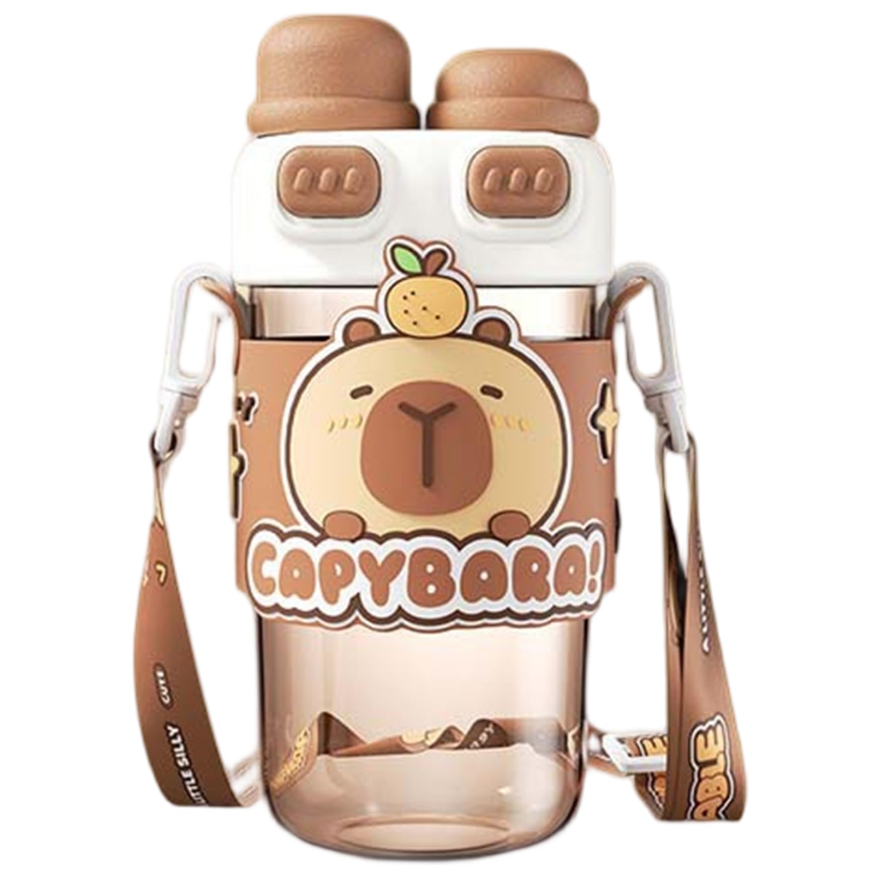 Pesoncarl Capybara Water Bottle, 720ml Cartoon Plastic Kawaii Water Bottle with Dual Lid & Adjustable Strap, HeatResistant Drin