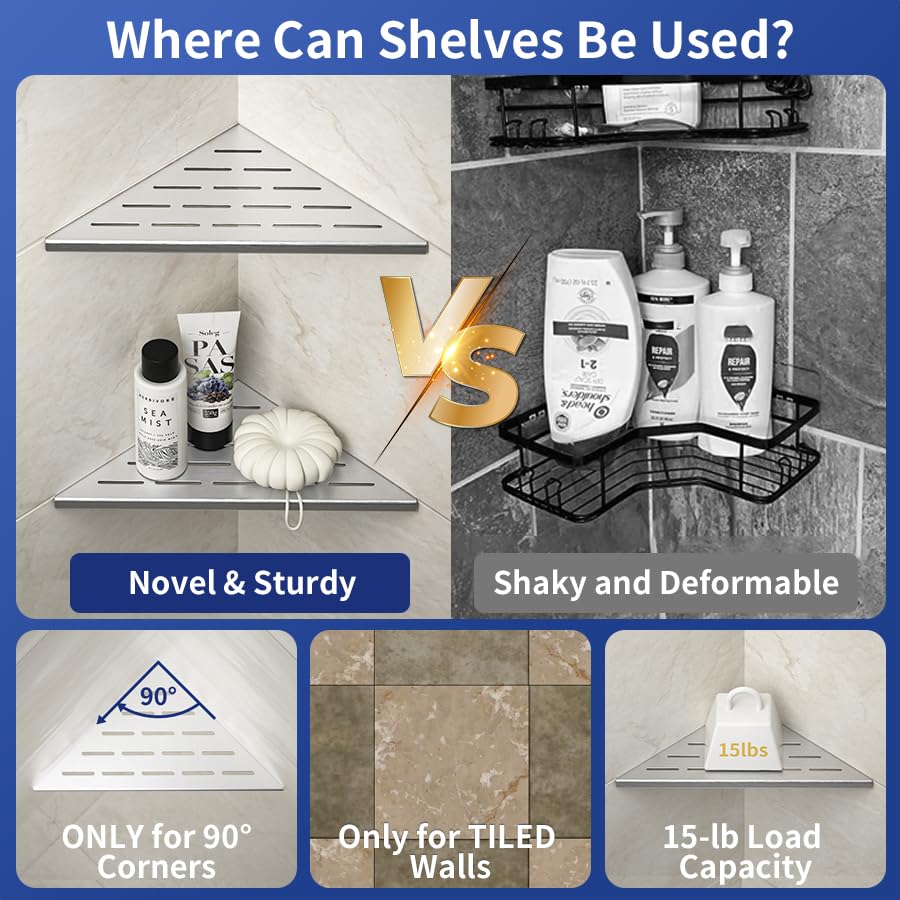 Bernkot Corner Shower Shelf 10'' Brushed 304 Stainless Steel Slot Design Recessed Corner Shelf Bathroom Shelf Rack For Tiled Wal