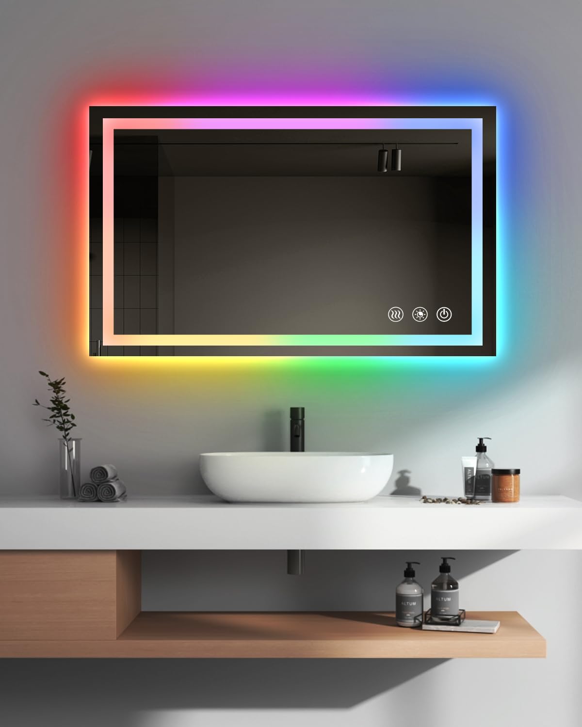 Oneup 40X24 Inch Led Bathroom Mirror,Rgb Color Changing Bathroom Mirror With Lights,Anti-Fog Wall-Mounted Vanity Mirrors,Smart D