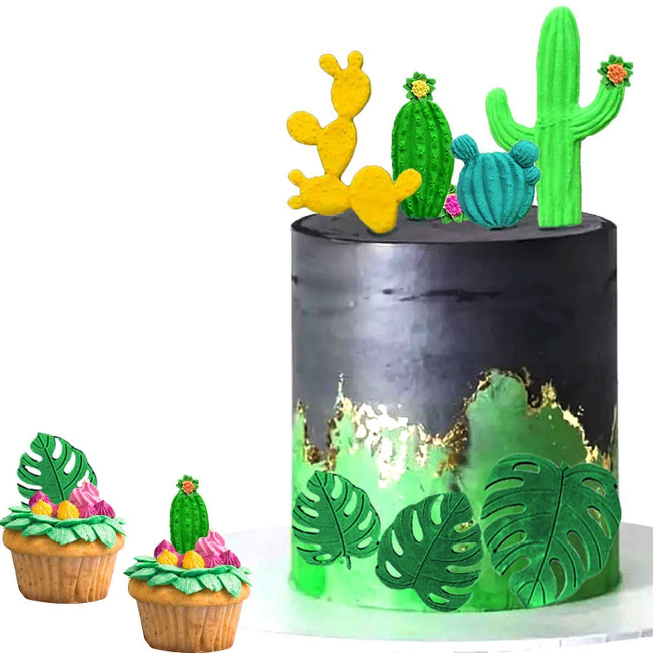 2 Pcs Tropical Leaf Fern Palm Leaves Cactus For Hawaii Aloha Theme Party Birthday Baby Shower Diy Cake Fondant Baking Biscuit 3D