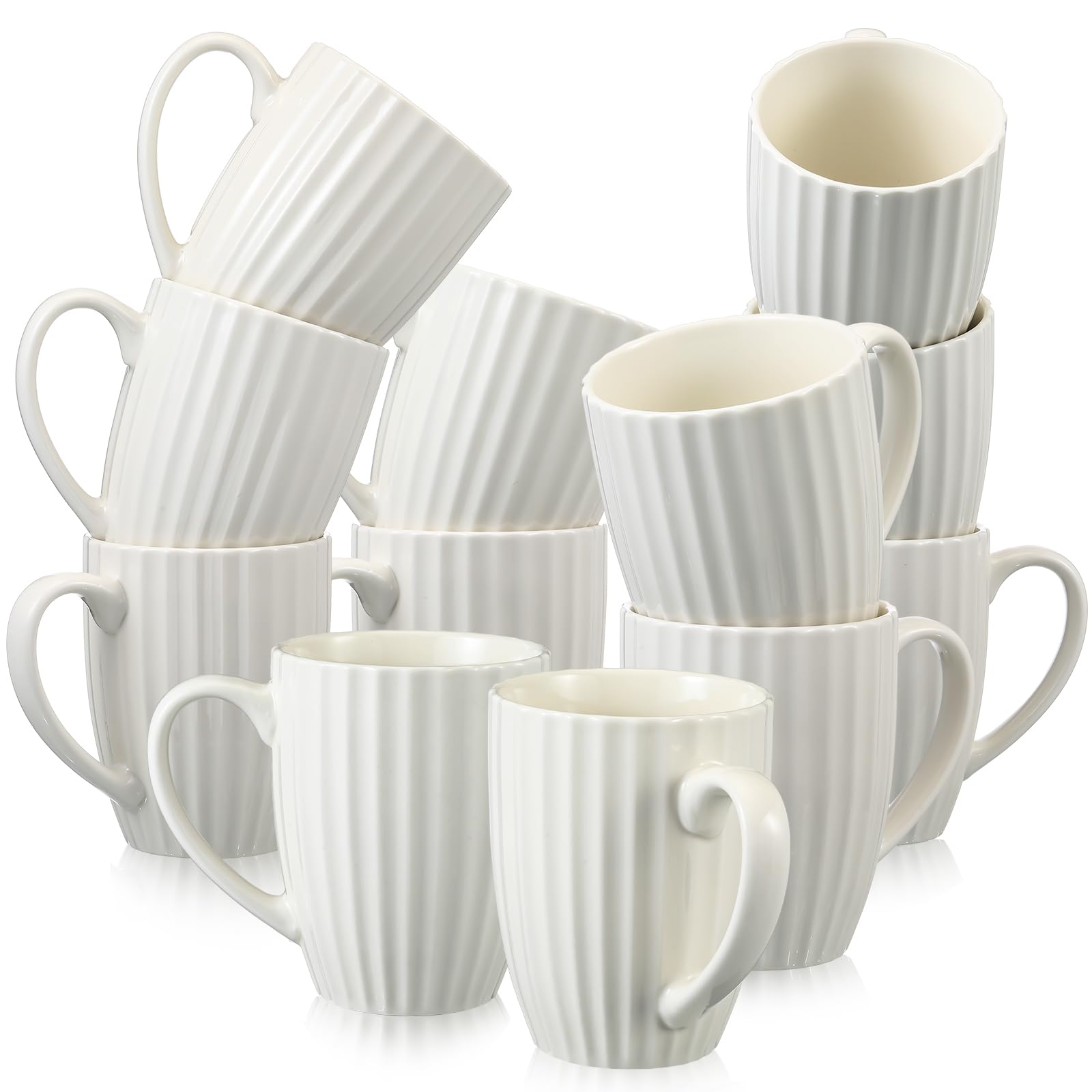 CHENGU Ribbed Coffee Mugs Set of 12, 14 oz Ceramic Coffee Cups with Big Handle, Large Modern White Ribbed Design Tea Cup for Lat