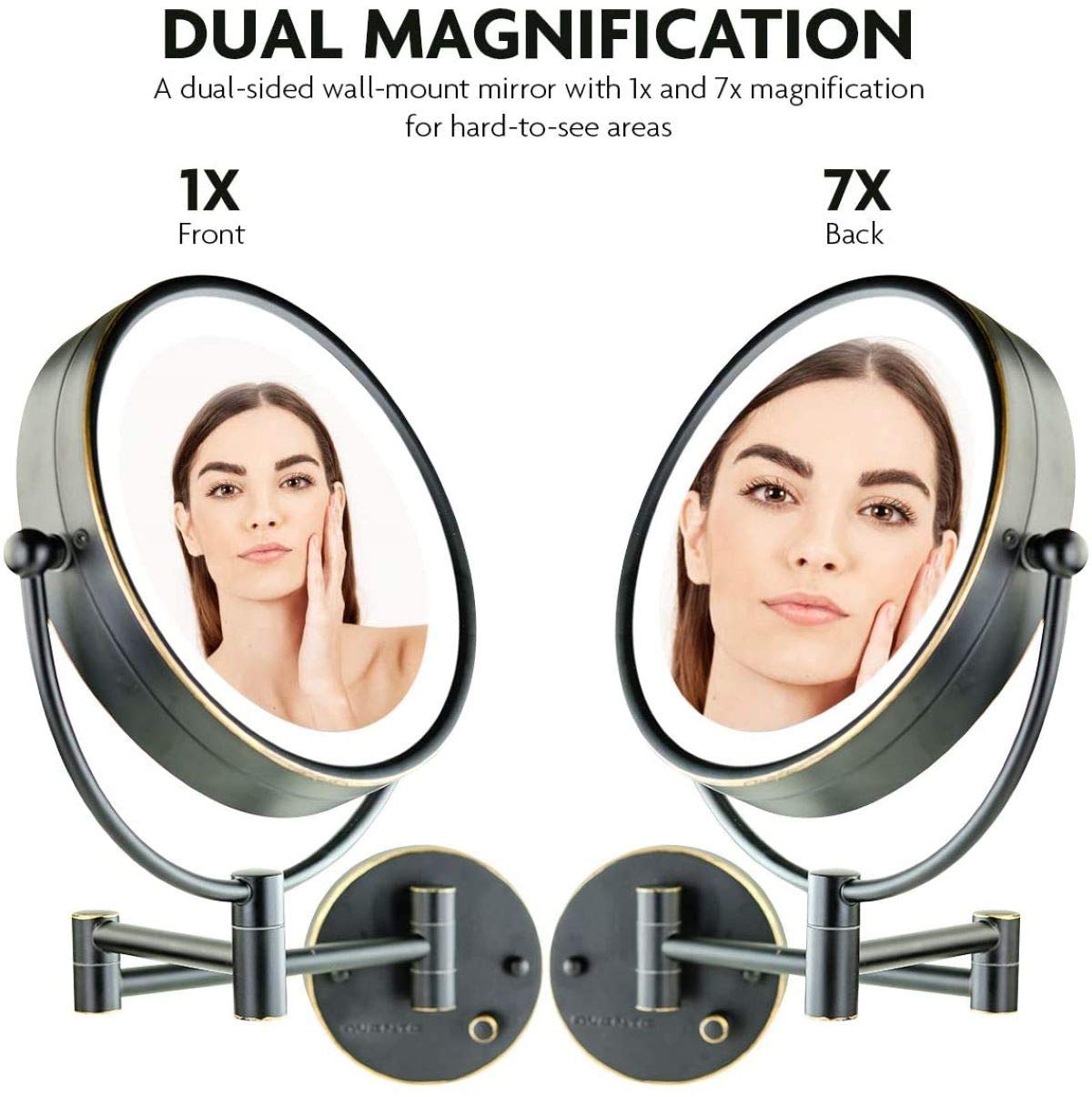Ovente 9'' Lighted Wall Mount Makeup Mirror - 1X/ 7X Magnifier, Hardwired Glow Cosmetic Light Mirror, Spinning 360-Degree, Doubl