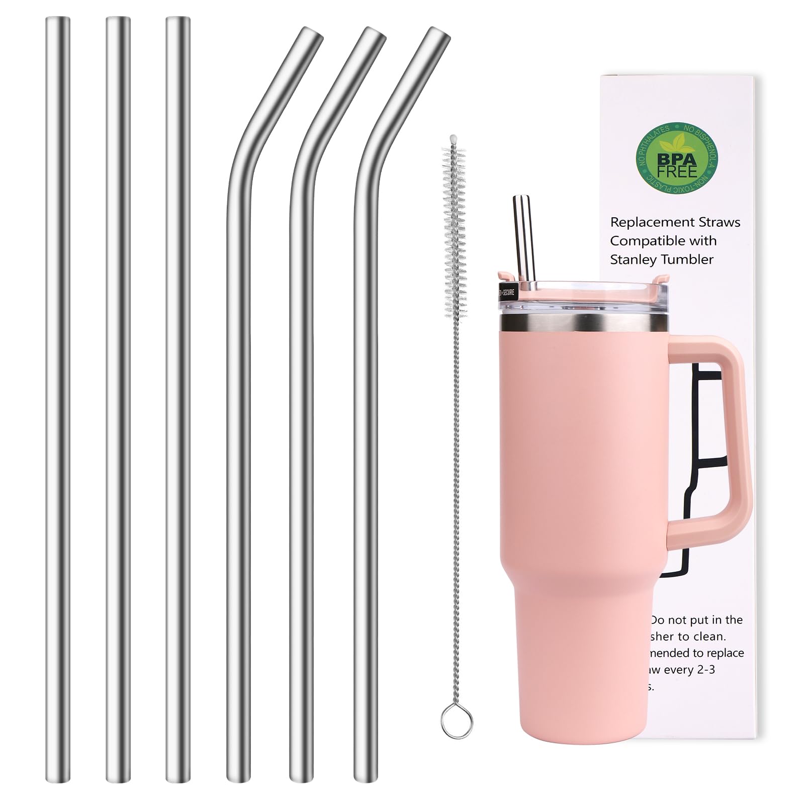 AIERSA 6 Pack 10mm Stainless Steel Replacement Straw Compatible Stanley 40oz Cups Reusable Straw for Stanley Tumbler  Straws with Cleaning Brush for Stanley Cup Accessories