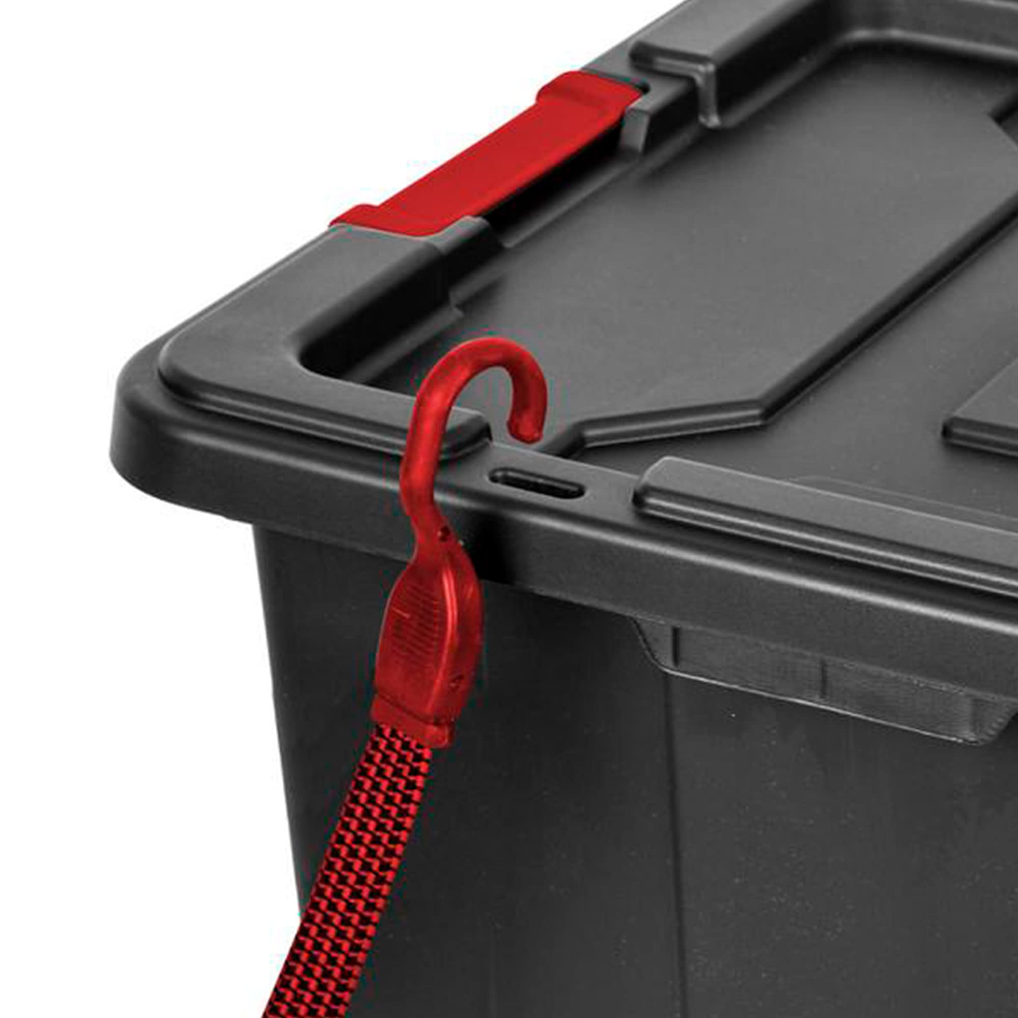 Sterilite 27 Gal Industrial Tote, Stackable Storage Bin With Latching Lid, Plastic Container With Heavy Duty Latches, Black Base