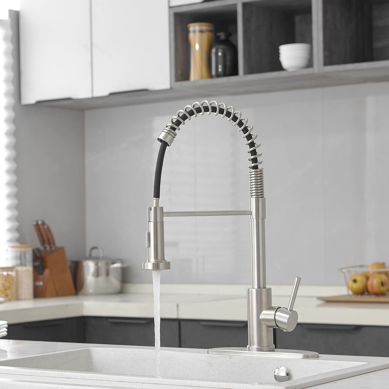VOTON Kitchen Faucets with Pull Out Sprayer Commercial Spring Kitchen Sink Faucet Brushed Nickel Single Handle Kitchen faucets with Deck Plate