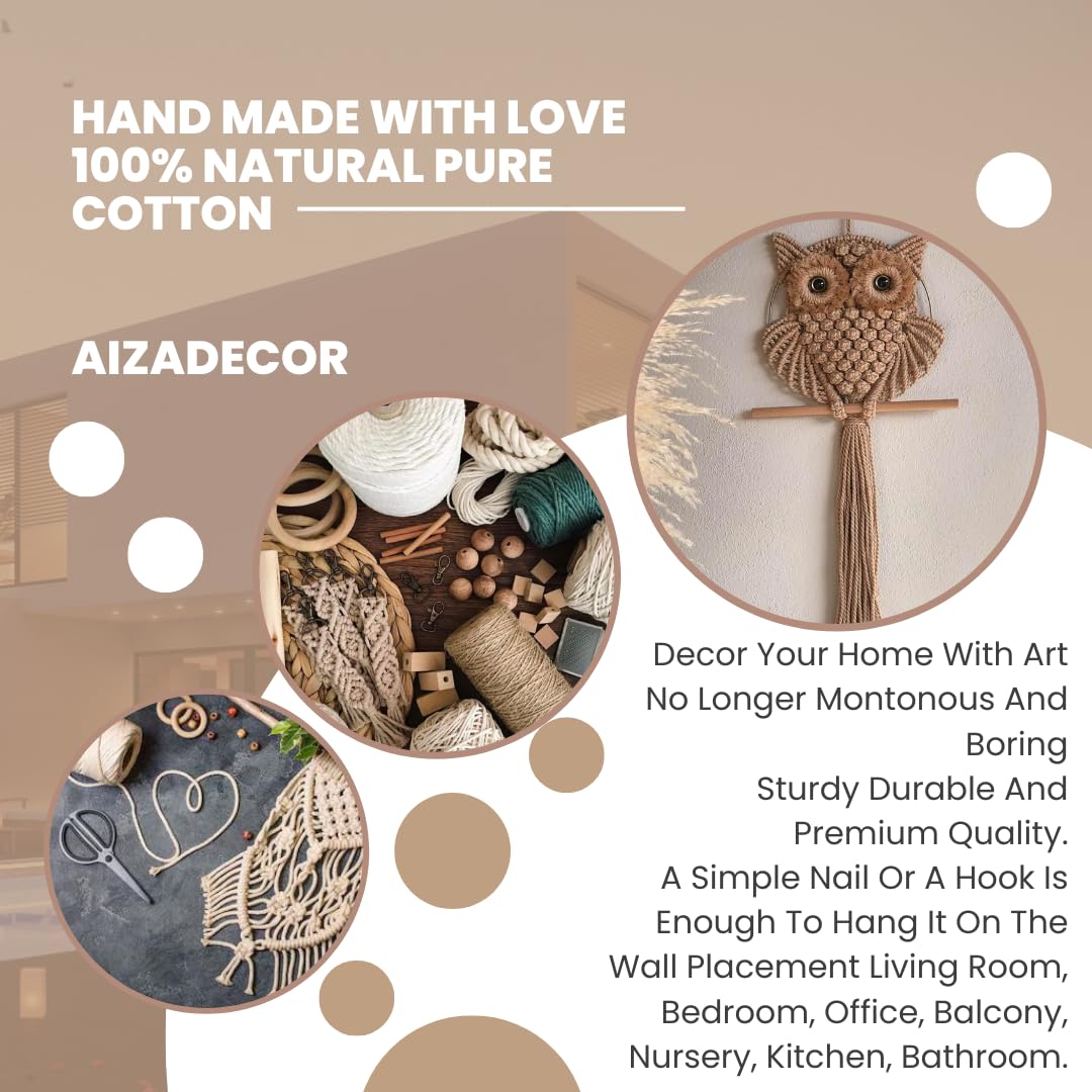 AIZA DECOR Cotton Owl Macrame Wall Hanging Tapestry Macrame Wall Decor Handmade Woven Wall Hanger Boho Ornament Wall Art Home De