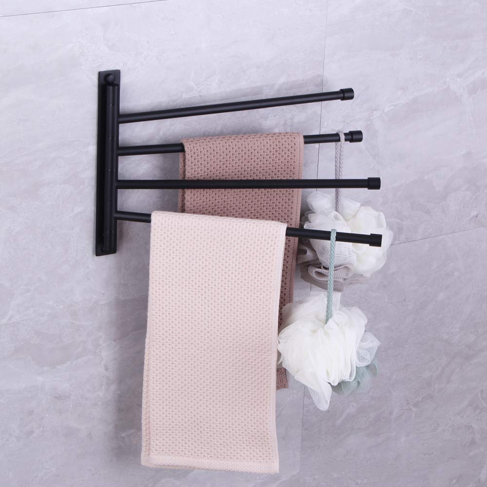 Kimzcn Swivel Hand Towel Bar Bathroom Swing Hanger Towel Rack Holder Matte Black Finish, Wall Mounted, 4-Arm