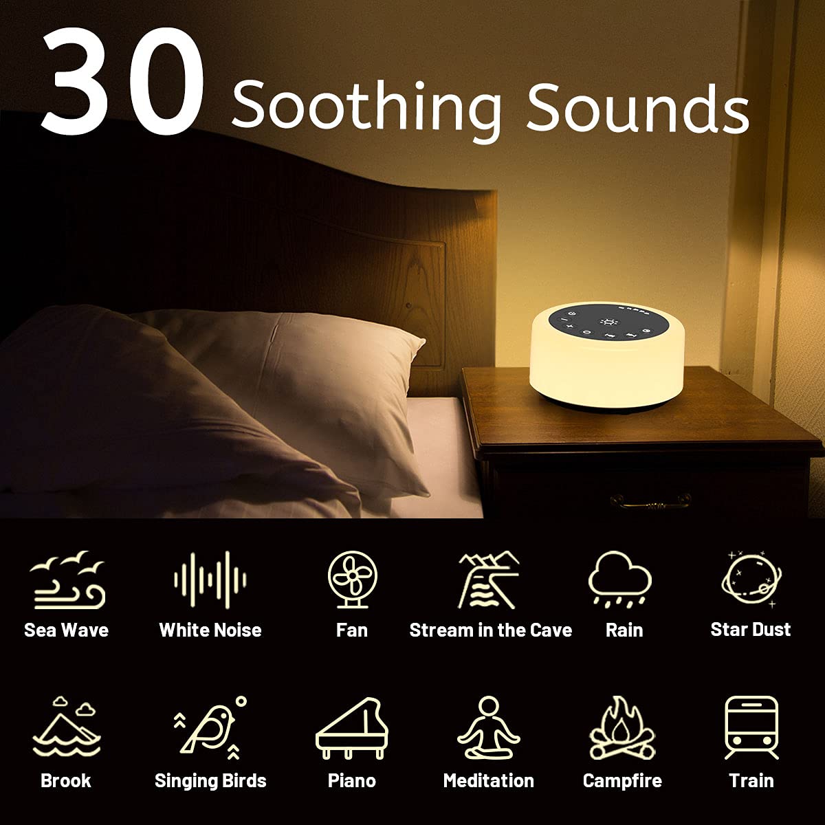 ColourNoise Soother Sleep Sound Machine - 30 Sounds, 12 Night Lights, Black, Model CWN-R1, Ideal for Home, Travel & Office