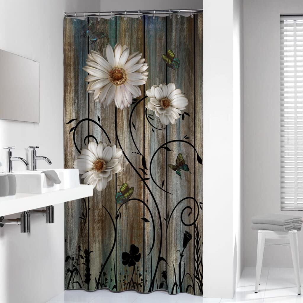 Miffrank Rustic Shower Curtain Set Grey Floral Fabric Bath Curtain 6 Hooks Butterfly Daisy American Country Farm Style 36