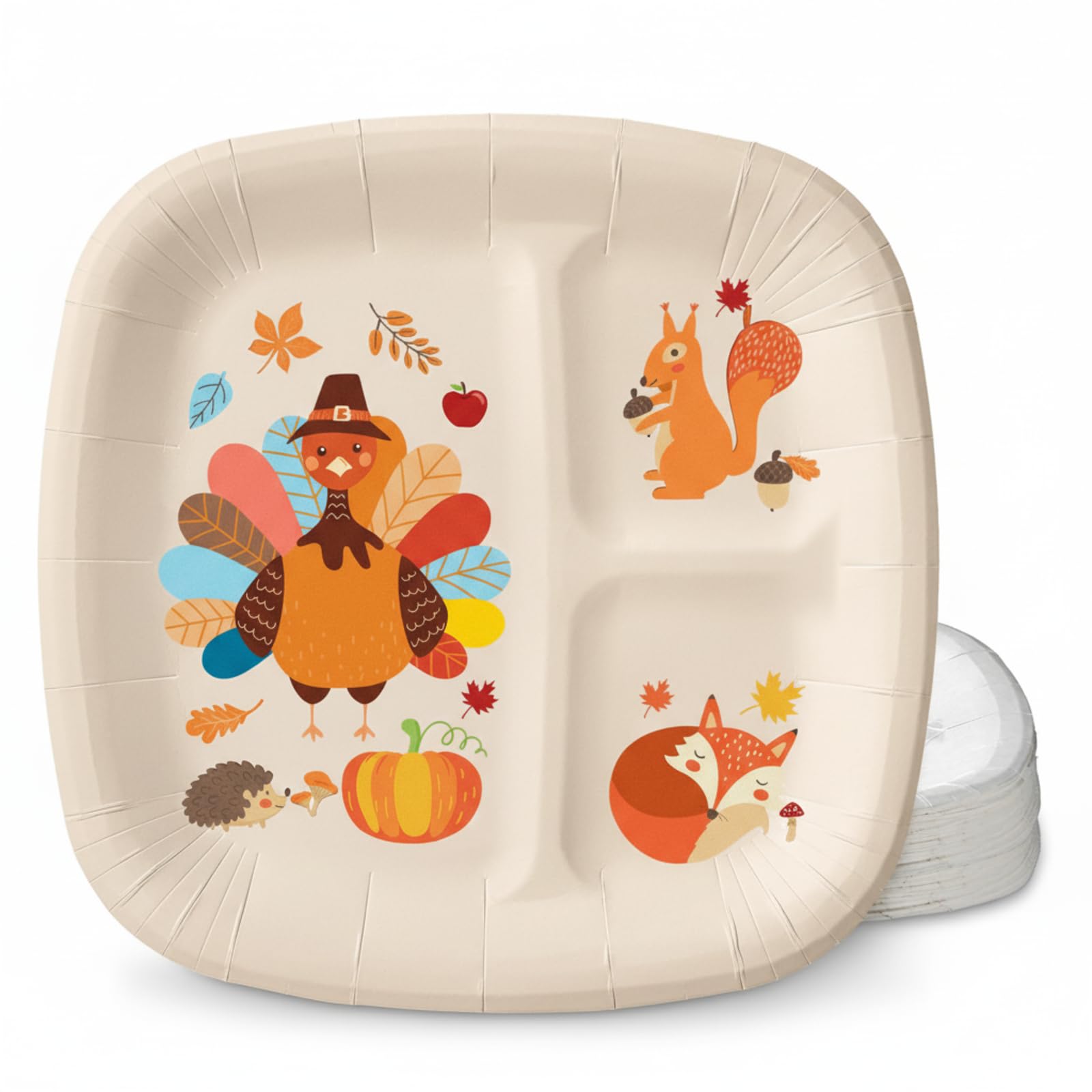 Havawish 24 Pcs Thanksgiving Turkey Divided Plates for Kids 9 x 9 Inch Disposable Paper Thanksgiving Dinner Tray for Thankful Pa