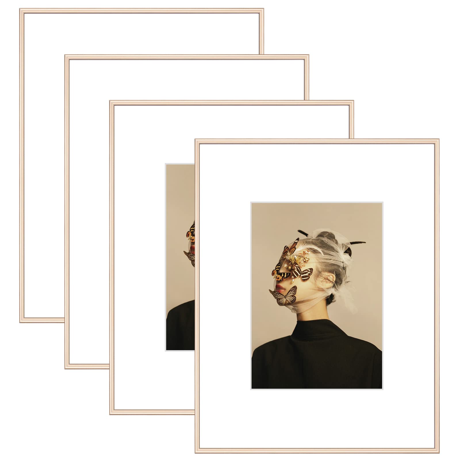 Fkvat 8.5X11 Picture Frame Set Of 4, Matted Brass Simple Modern Brushed Thin Aluminum Metal Photo Frame Fits 5X7 With Mat Or 8.5