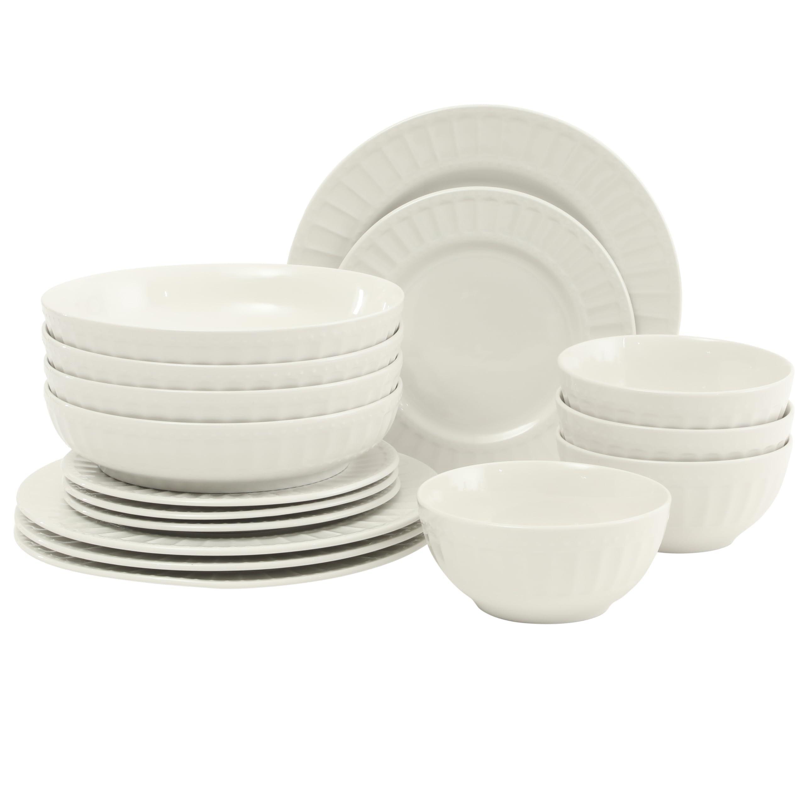 Gibson Home Melbourne White Plates and Bowls Set, 16 Piece Embossed Ceramic Dinnerware Set - Service for 4 Dishes - With Pasta B